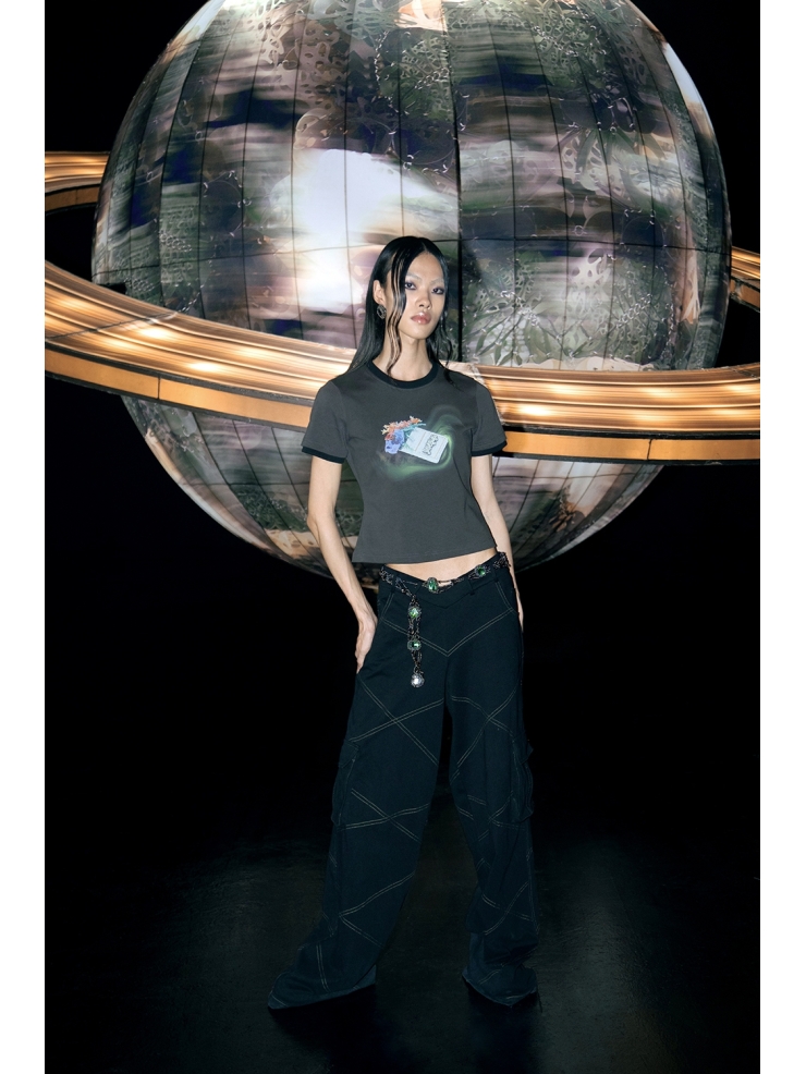 YUEQIQI Black V-Waist Cargo Sweatpants