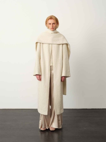 White Wool Collar-Scarf Coat