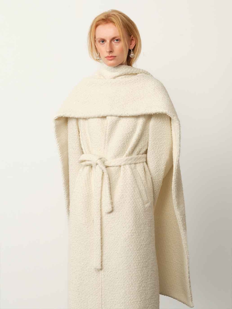 White Wool Collar-Scarf Coat