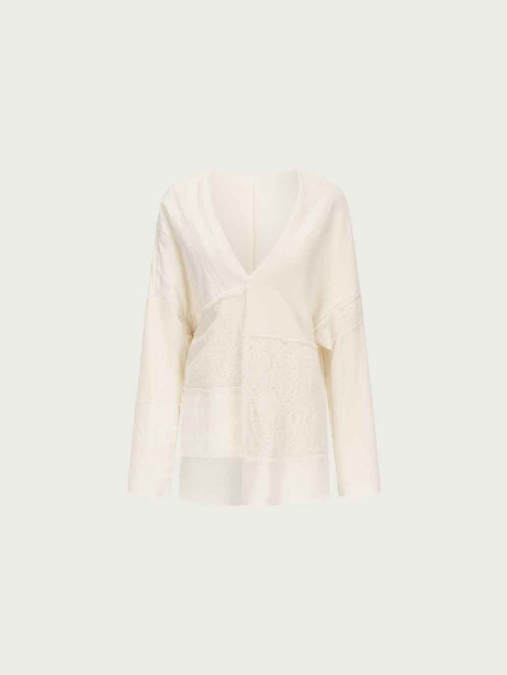 White Patchwork Relaxed-Fit Cardigan