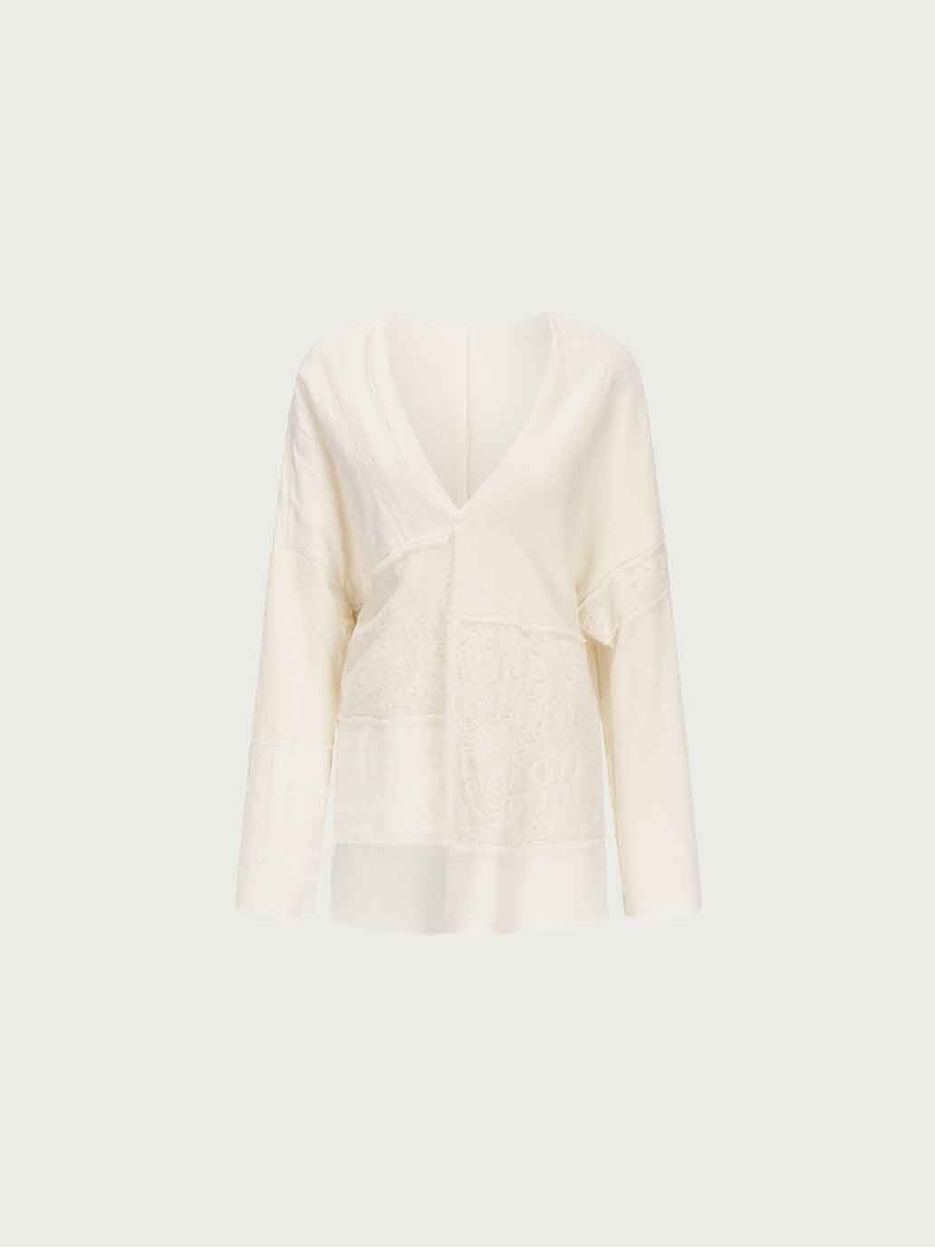 White Patchwork Relaxed-Fit Cardigan