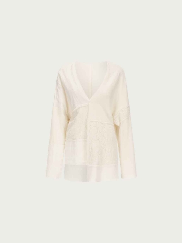 White Patchwork Relaxed-Fit Cardigan