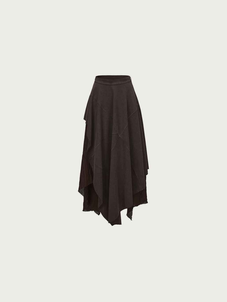 Brown Double-Layer Panelled Midi Skirt