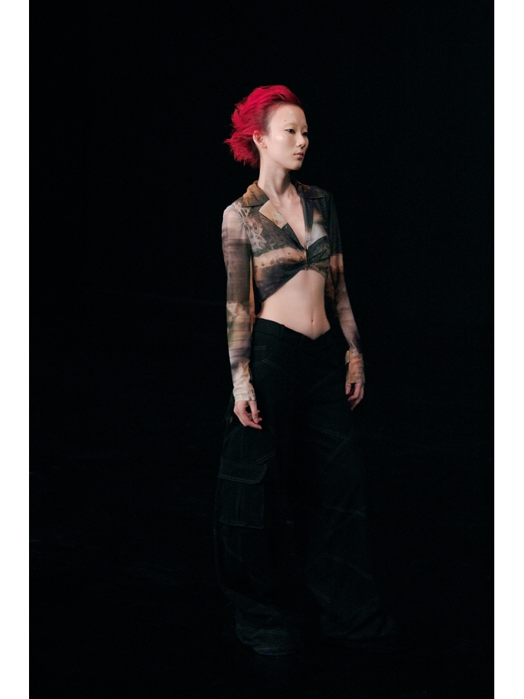 "Terrarium" long-sleeve tulle cropped top