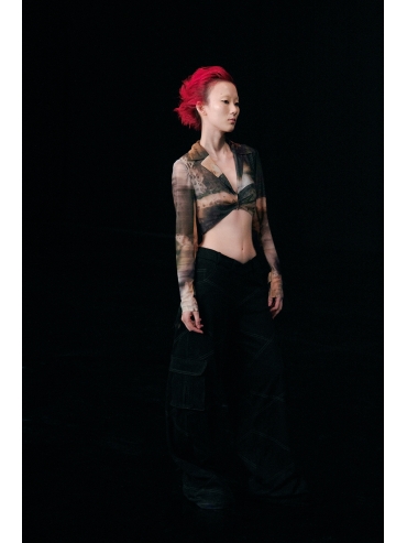 "Terrarium" long-sleeve tulle cropped top