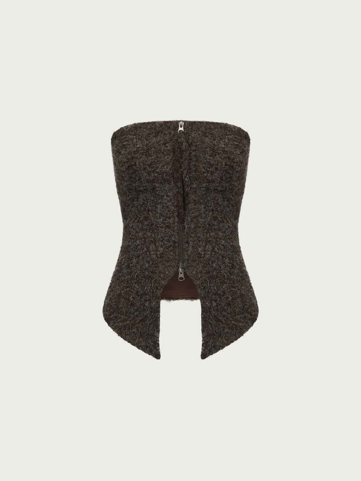 Brown Zip-Up Strapless Top