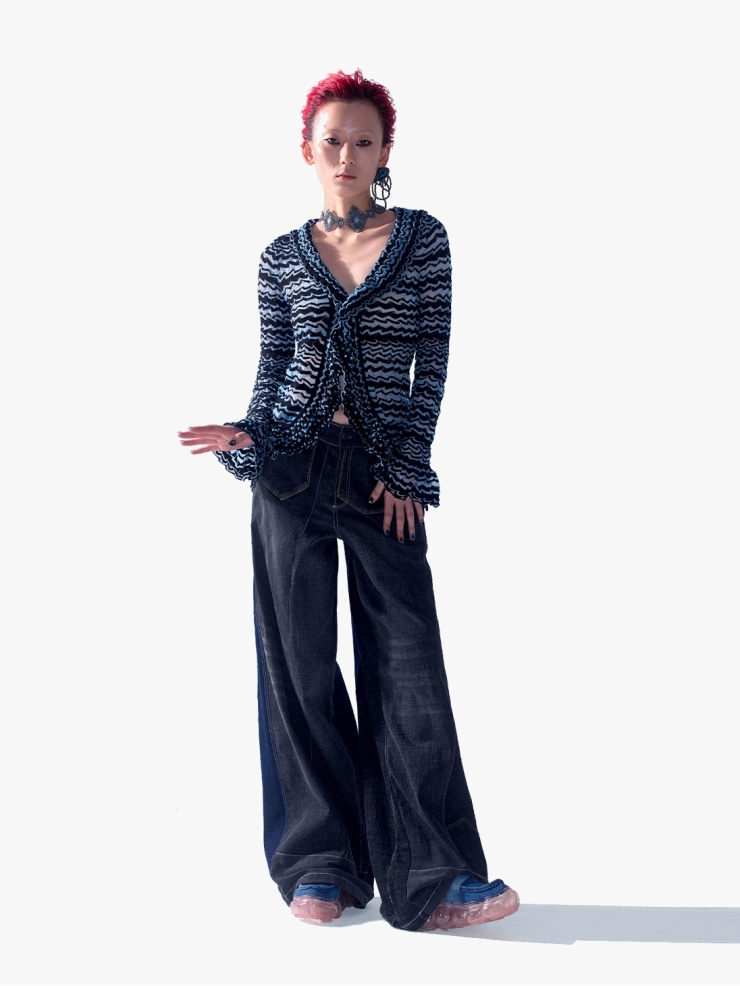YUEQIQI Blue Glass Yarn Striped Ruffle Cardigan