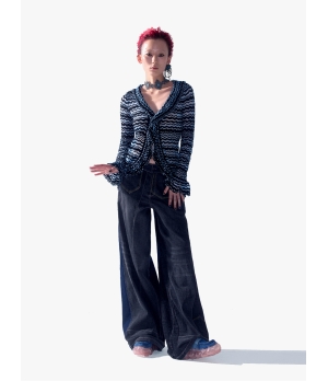 YUEQIQI Blue Glass Yarn Striped Ruffle Cardigan