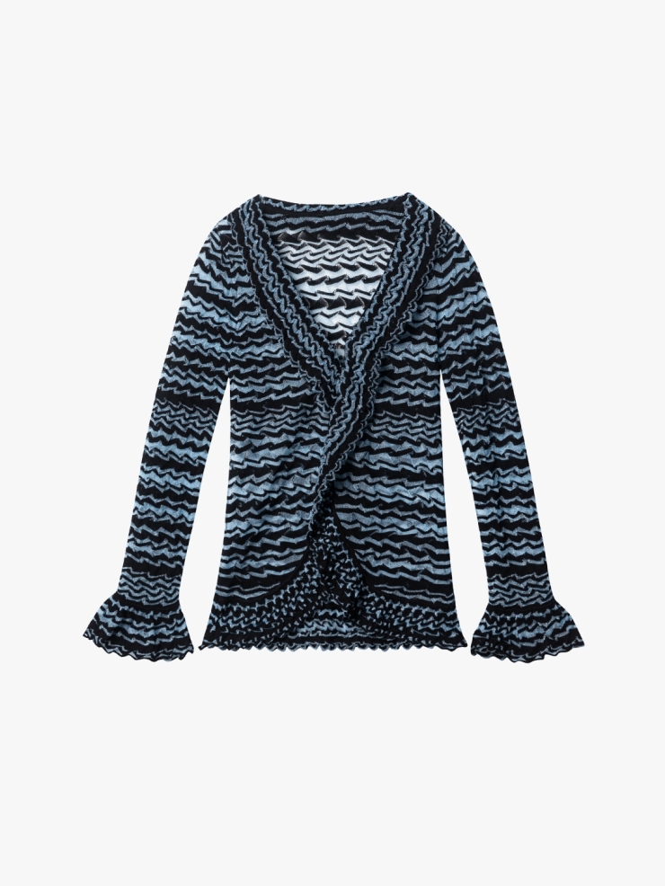 YUEQIQI Blue Glass Yarn Striped Ruffle Cardigan