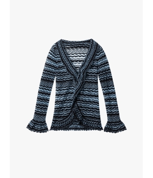 YUEQIQI Blue Glass Yarn Striped Ruffle Cardigan