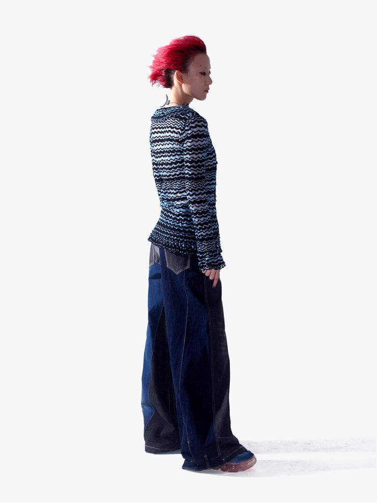 YUEQIQI Blue Glass Yarn Striped Ruffle Cardigan