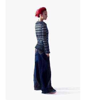 YUEQIQI Blue Glass Yarn Striped Ruffle Cardigan