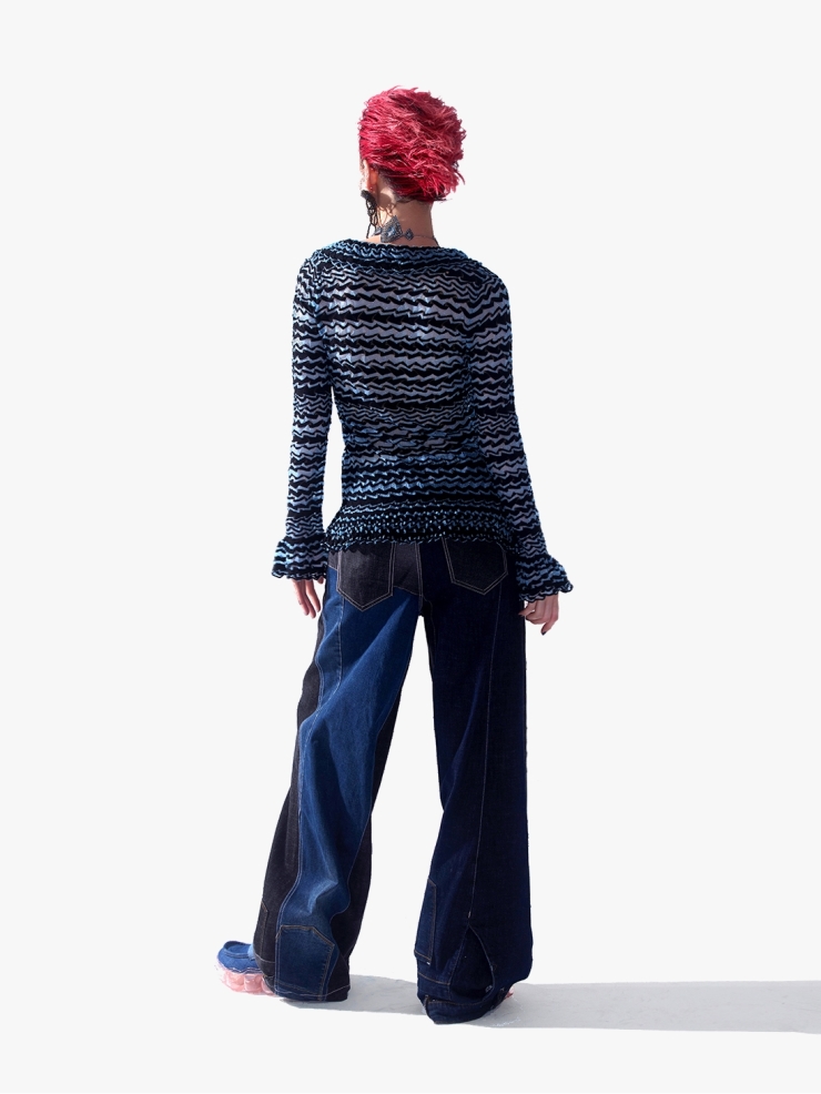 YUEQIQI Blue Glass Yarn Striped Ruffle Cardigan