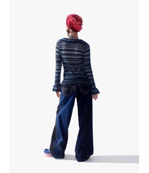 YUEQIQI Blue Glass Yarn Striped Ruffle Cardigan