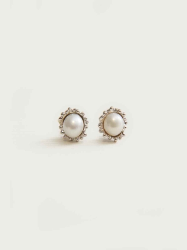 Silver Flower Pearl Stud Earrings