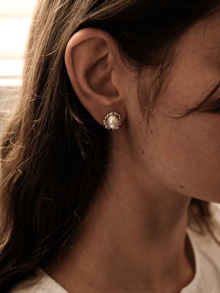 Silver Flower Pearl Stud Earrings