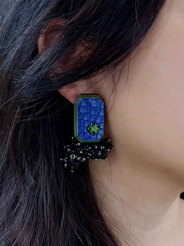 Black Agate Cluster Rare Leather  Gemstone Stud-Single