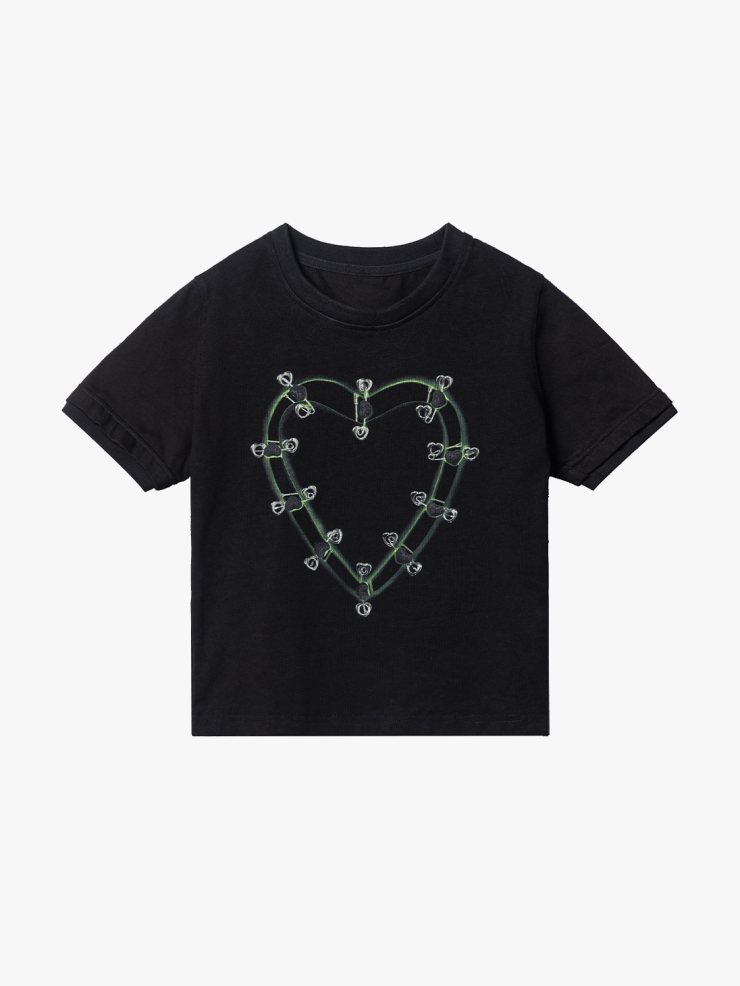 YUEQIQI Green-black Safety Pin Heart T-shirt