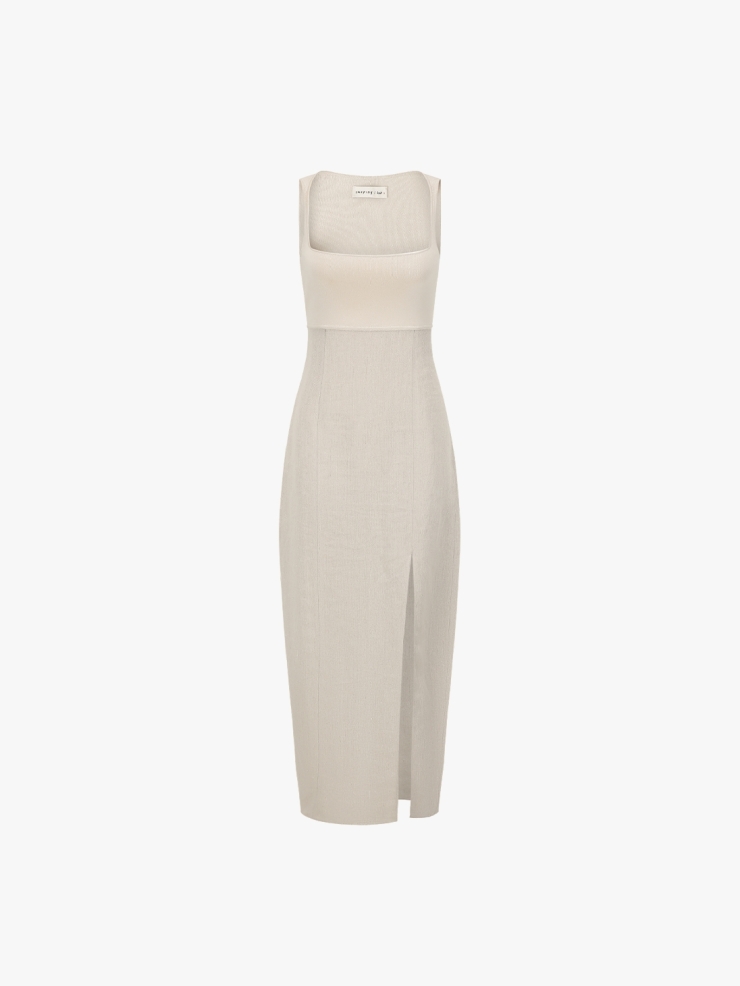 SWAYING Beige Grey/Linen Knitted Patchwork Tank Dress