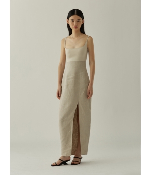 SWAYING Beige Grey/Linen Knitted Patchwork Tank Dress