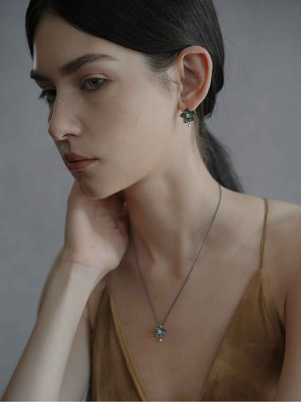 Black Moonlit Flower Earrings