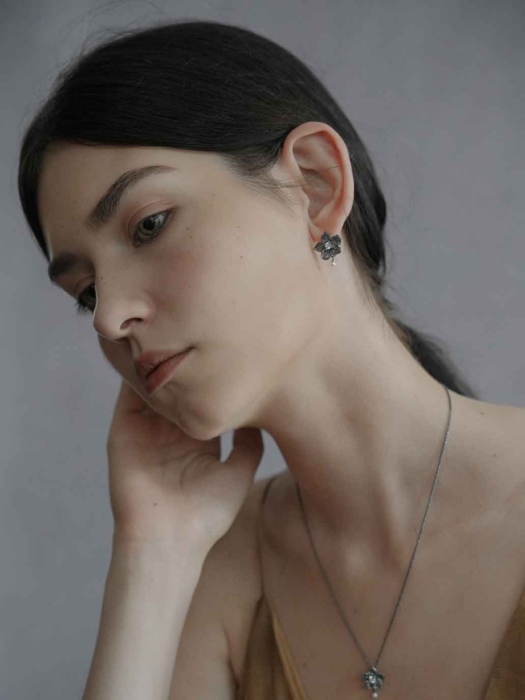 Black Moonlit Flower Earrings