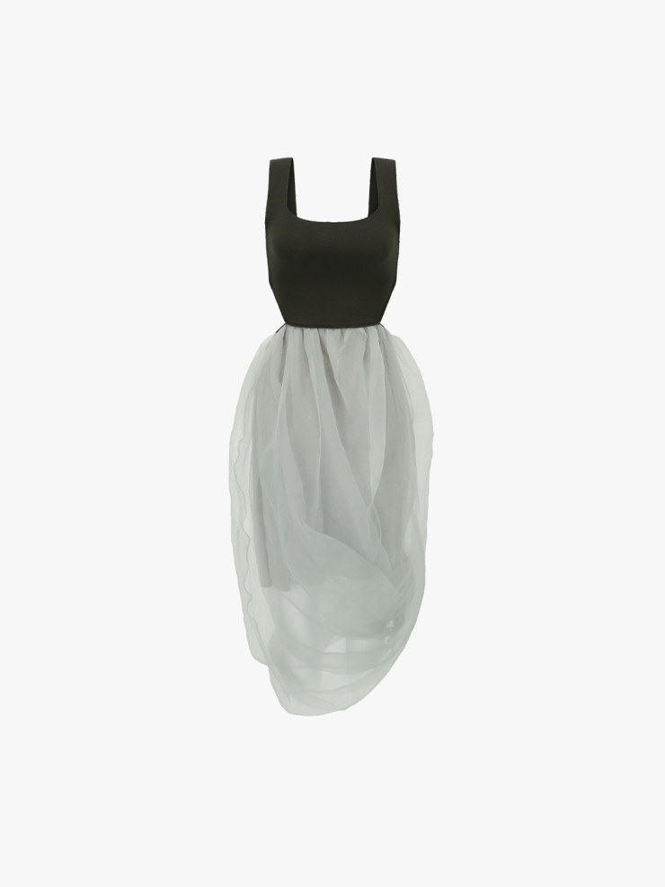 SWAYING Dark Green/Grey Organza Twisted Hem Dress