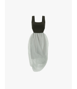 SWAYING Dark Green/Grey Organza Twisted Hem Dress