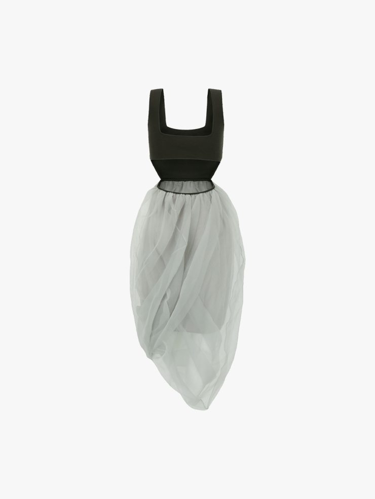 SWAYING Dark Green/Grey Organza Twisted Hem Dress