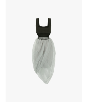 SWAYING Dark Green/Grey Organza Twisted Hem Dress