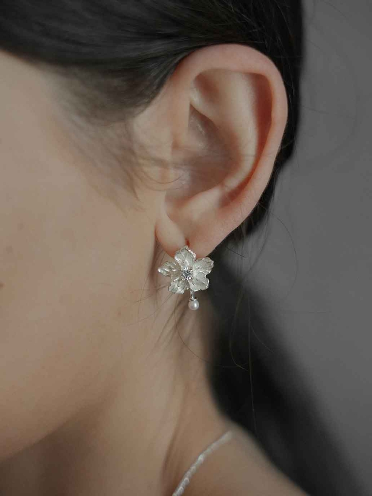 Silver Moonlit Flower Earrings