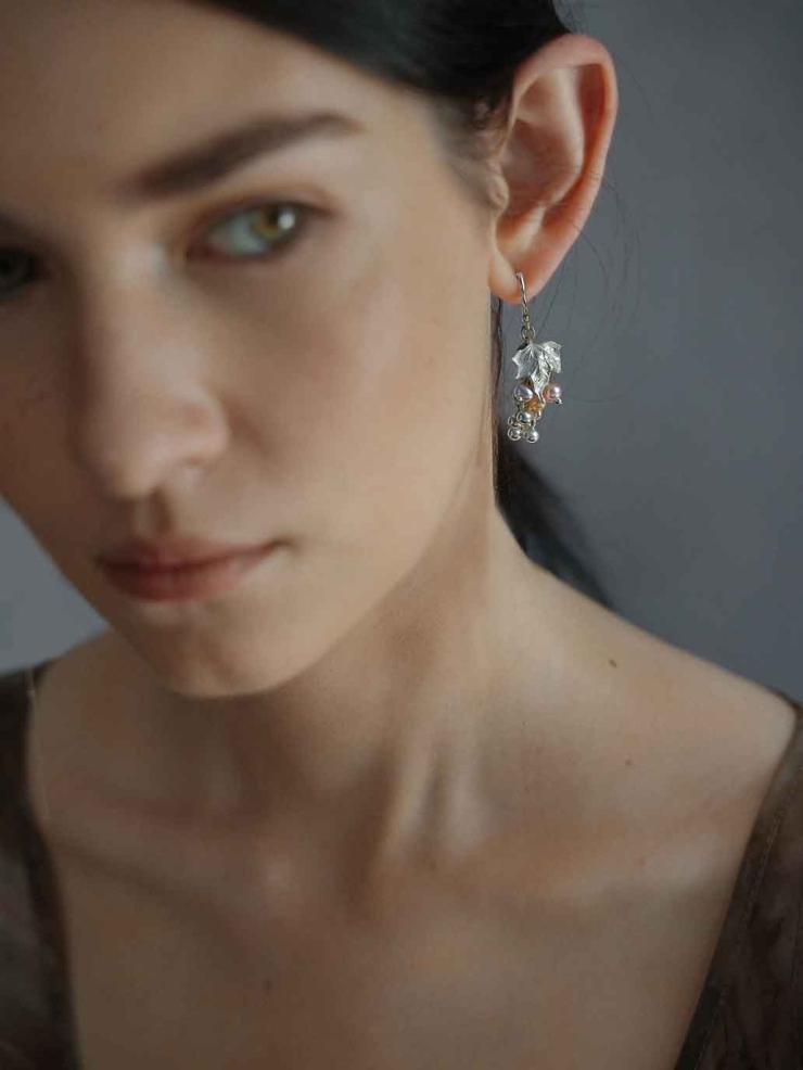 Silver Grape Leaf Spirit Fruit Earrings