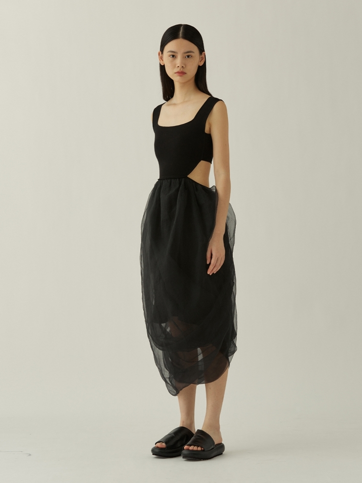 SWAYING Black Organza Twisted Hem Dress