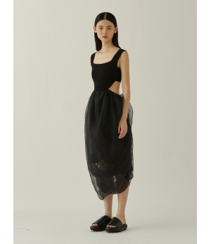 SWAYING Black Organza Twisted Hem Dress