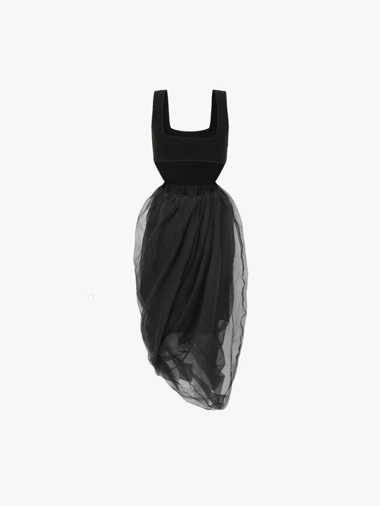 SWAYING Black Organza Twisted Hem Dress