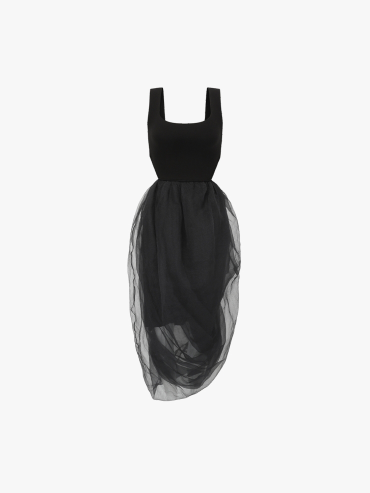 SWAYING Black Organza Twisted Hem Dress