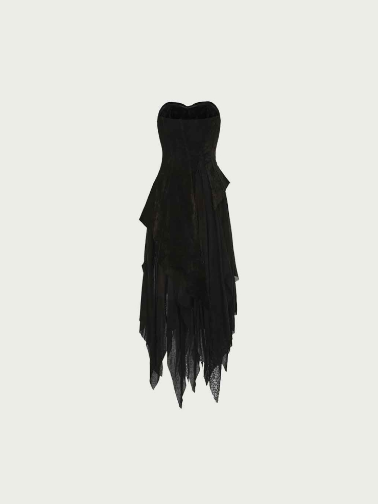 Black Lace Point-Hem Strapless Dress