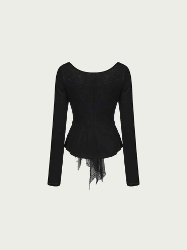 Black Lace-Paneled Long-Sleeve Top