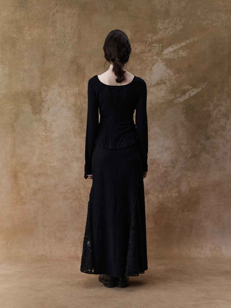 Black Lace-Paneled Long-Sleeve Top