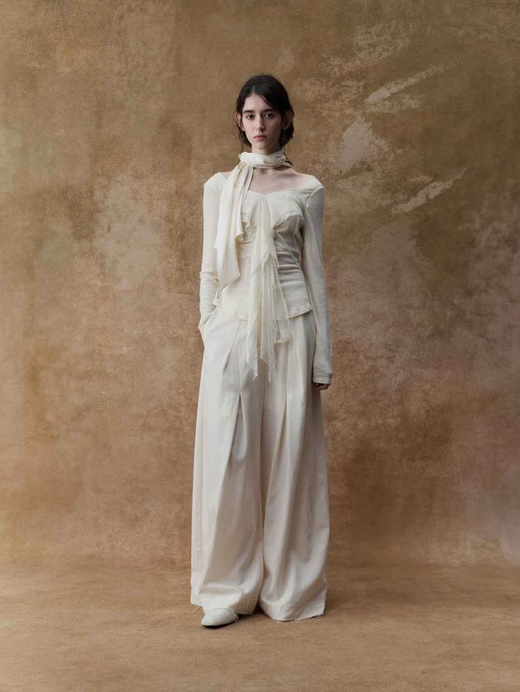 Cream Lace-Paneled Long-Sleeve Top