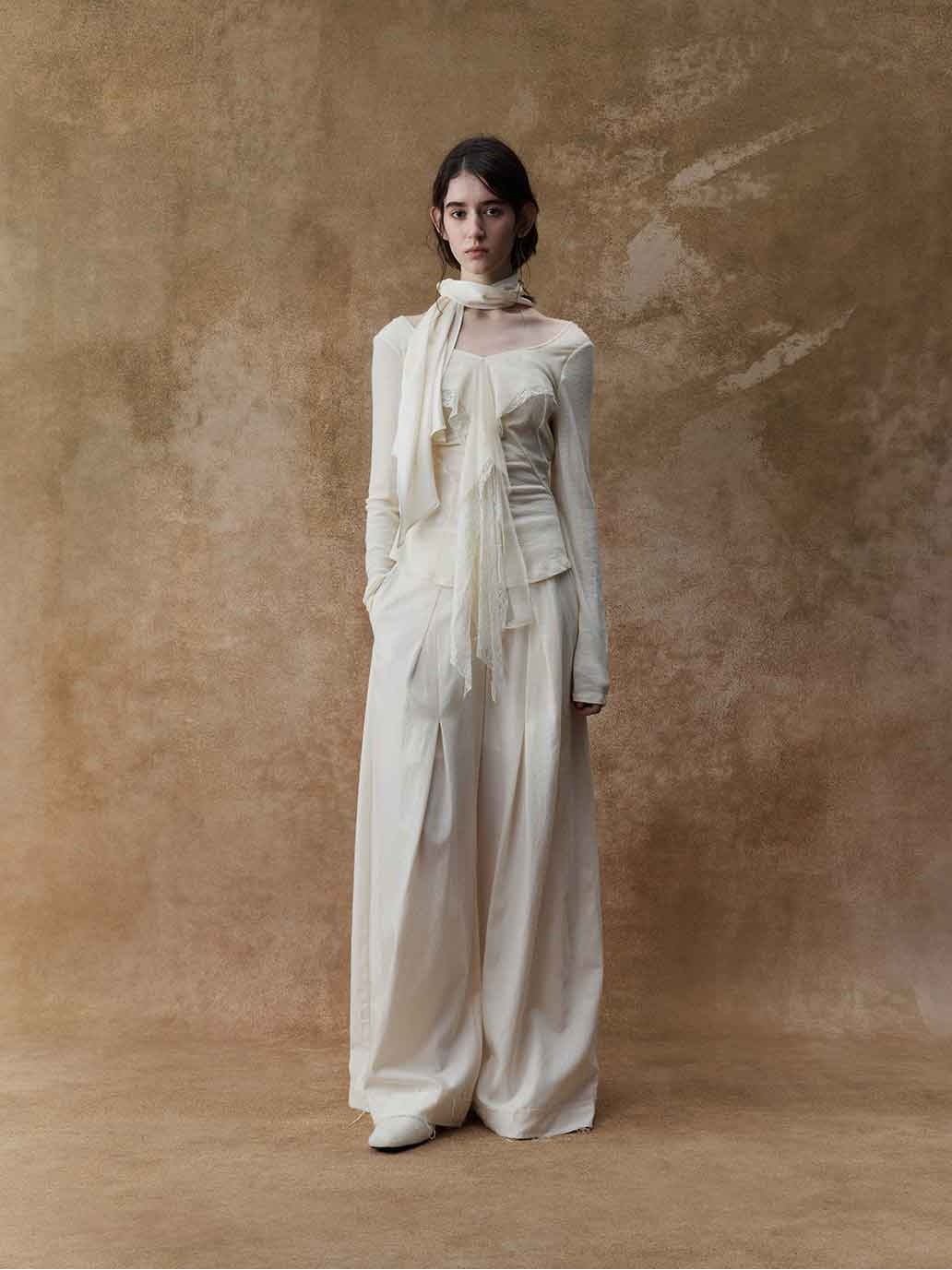 Cream Lace-Paneled Long-Sleeve Top