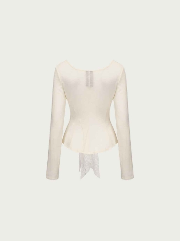 Cream Lace-Paneled Long-Sleeve Top