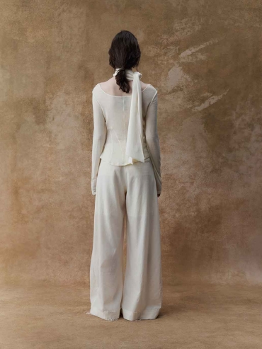 Cream Lace-Paneled Long-Sleeve Top