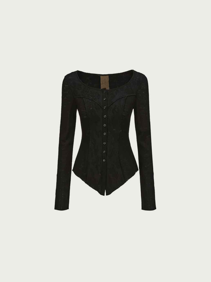 Black Patchwork Wool Crewneck Top