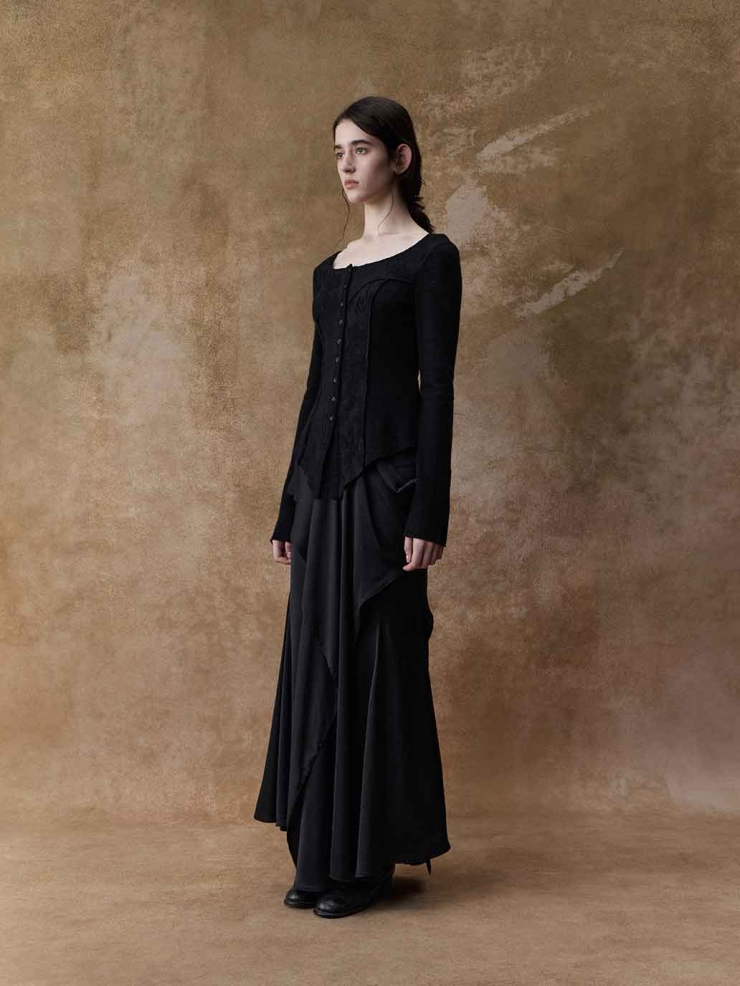 Black Patchwork Wool Crewneck Top