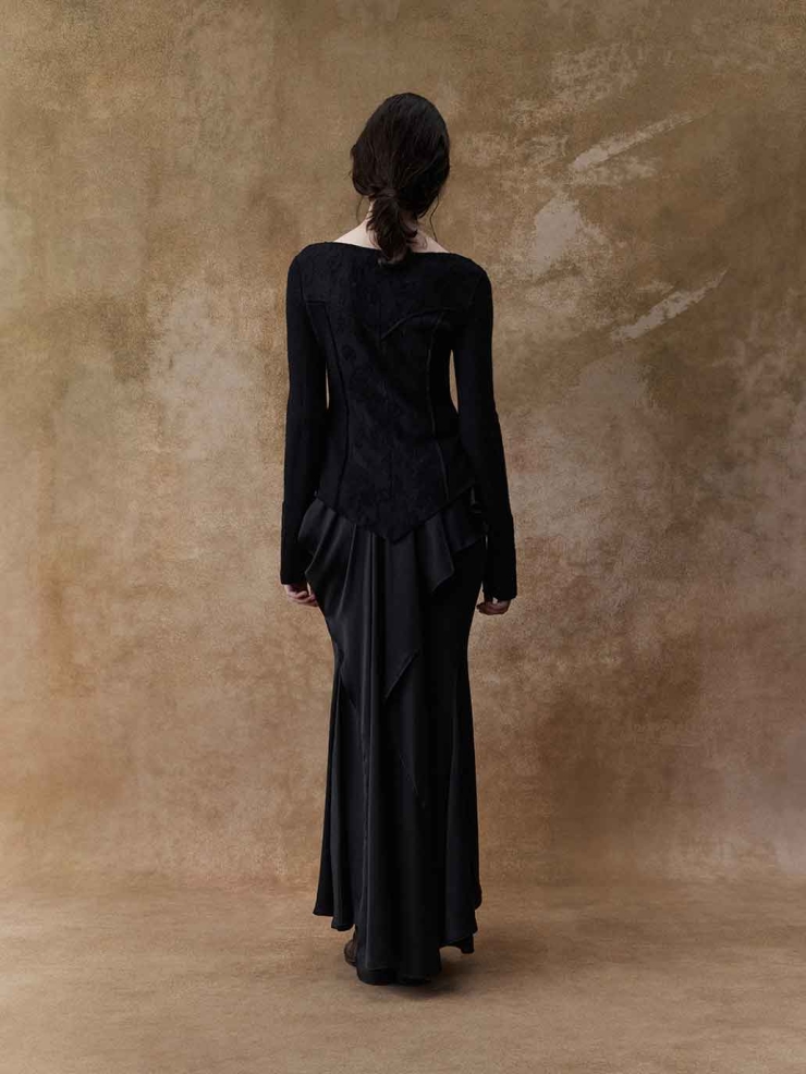 Black Patchwork Wool Crewneck Top