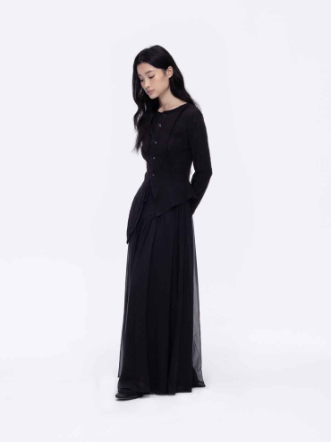 Black Paneled Full-Skirt Maxi Skirt