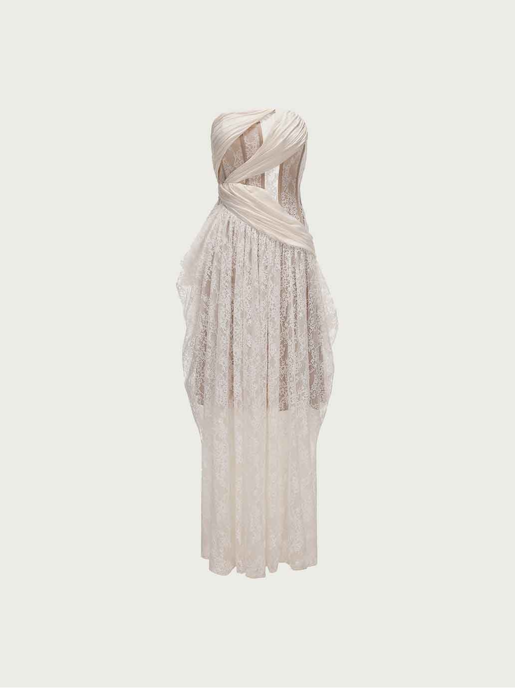 Wrapped Corset-Boned Lace Strapless Dress