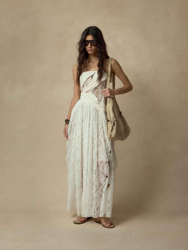 Wrapped Corset-Boned Lace Strapless Dress