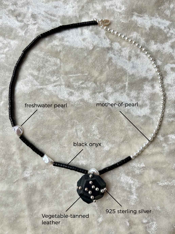 Black & White Faceted Leather Silver Bead Pearl Necklace